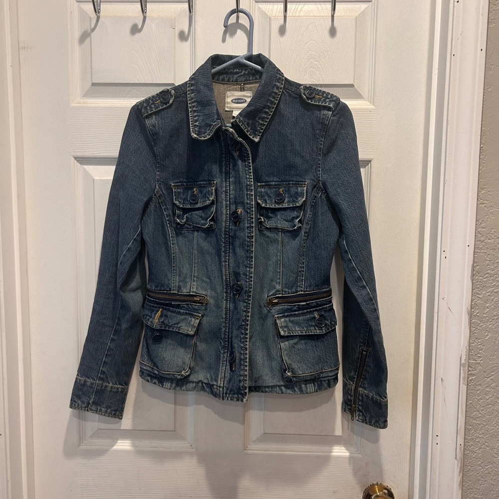 Old Navy Womens Medium Blue Denim Military Safari Jacket Zip Cargo Pockets Y2K